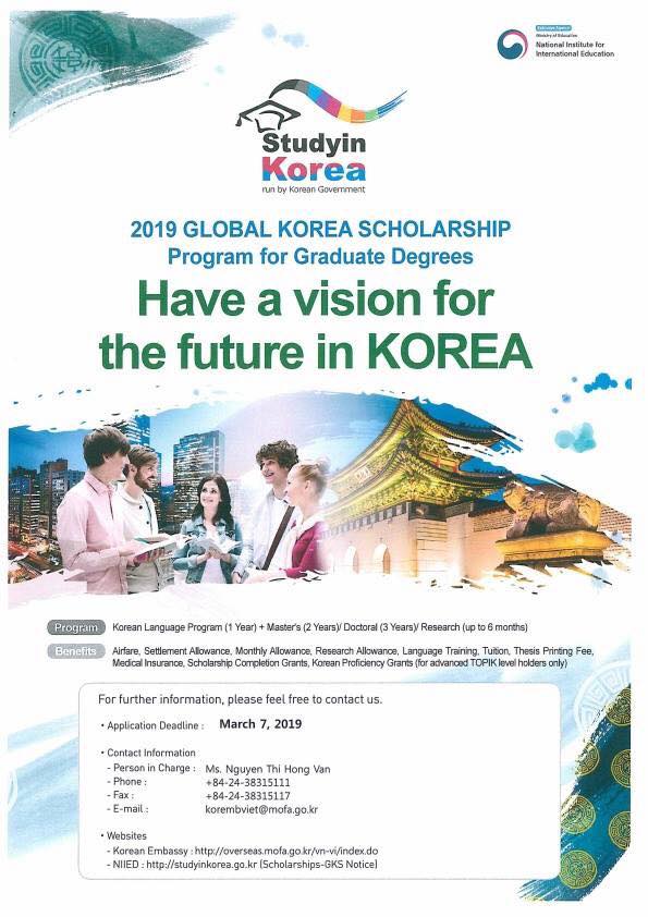 Chương trình học bổng chính phủ Hàn Quốc hệ sau đại học dành cho người nước ngoài năm 2019